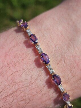 14K Yellow Gold Amethyst Diamond Link Tennis Bracelet 7 inches 3mm Wide